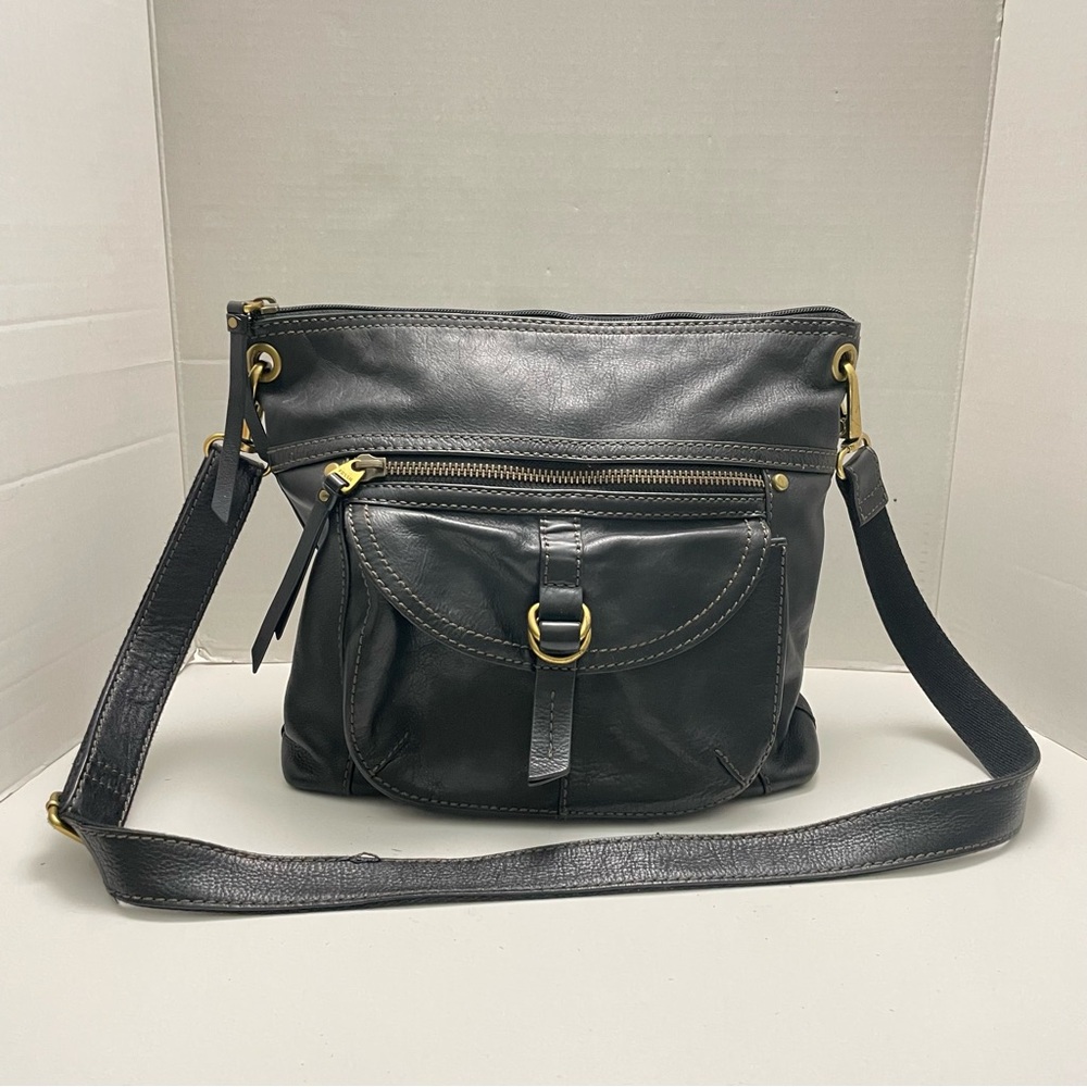 Vintage Fossil Purse Crossbody Leather Pockets Buckle Adjustable Black Bronze